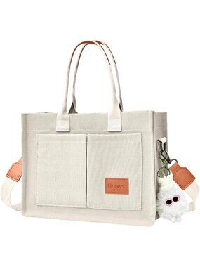 Women Beige Crossbody Tote Bag Pockets Laptop Work Shoulder Bag